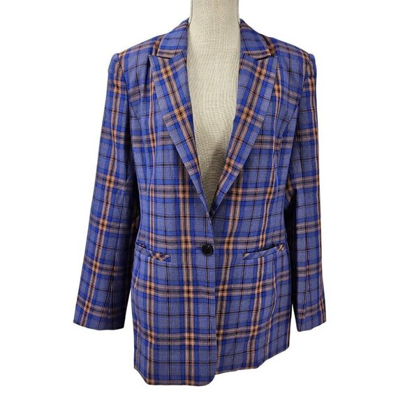Grey Lab Neon Plaid Blazer Jacket Blue & Orange Women's M Preppy Academia - Picture 1 of 13